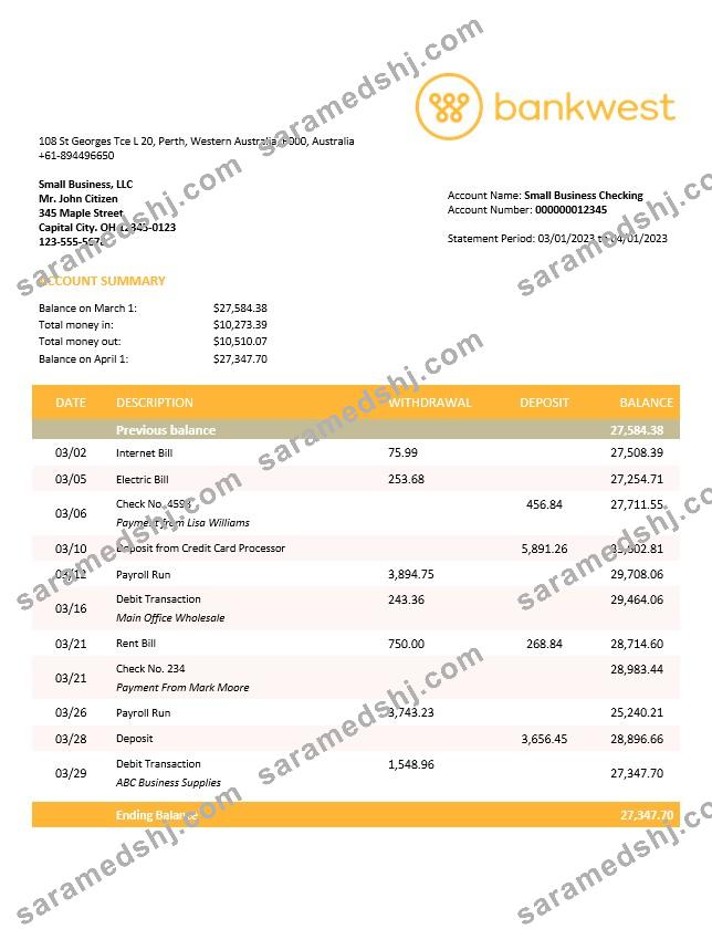 Bankwest business bank statement Word and PDF template